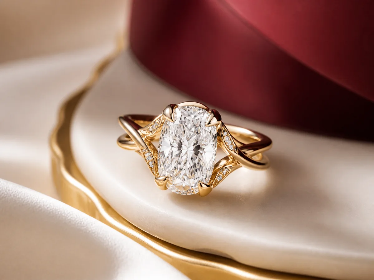 Illustrative three-carat engagement-ring direction in a refined jewelry still life