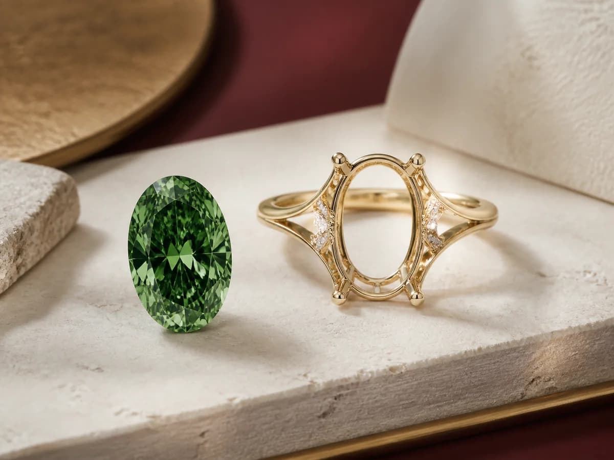 Illustrative people-free jewelry still life with a green oval laboratory-grown diamond direction and a complementary elongated-oval ring setting