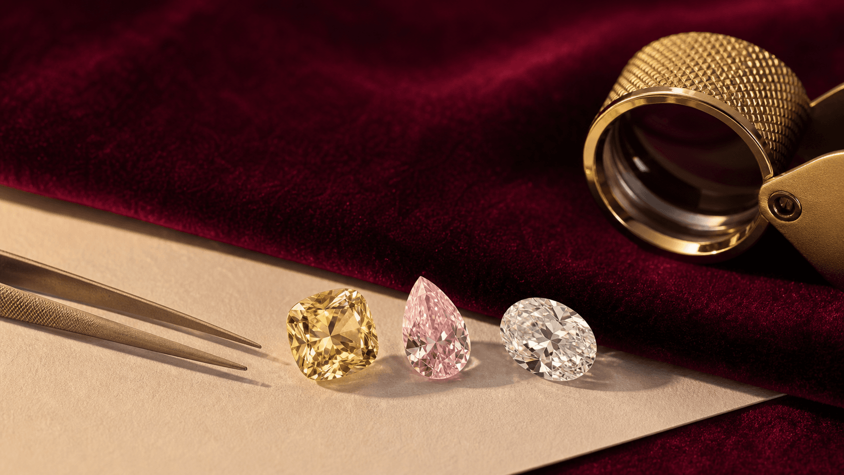 Illustrative selection of lab-grown diamond color and shape directions on a burgundy background