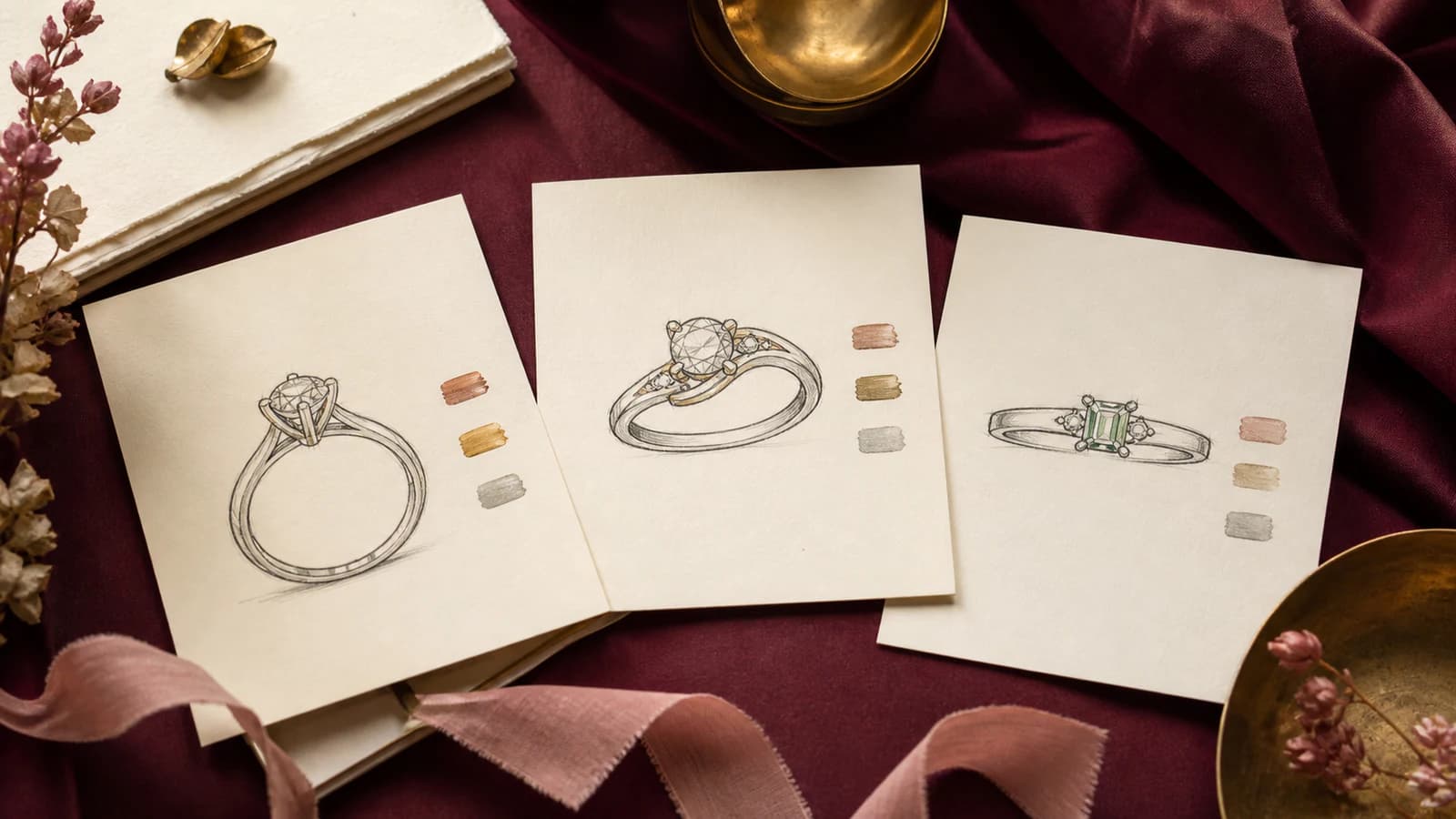 Three custom engagement ring silhouettes exploring proportion, metal tone, and a quiet personal accent
