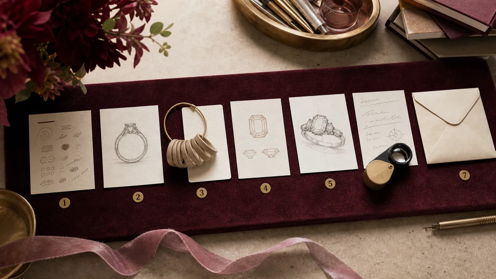 Seven calm custom engagement ring planning steps shown through references, sizing, stone choice, preview, review, and quote
