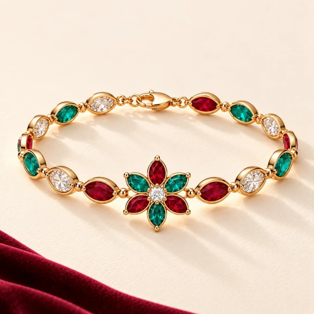 An illustrative bracelet with open petal links and a central flower motif in teal, red, and clear tones.