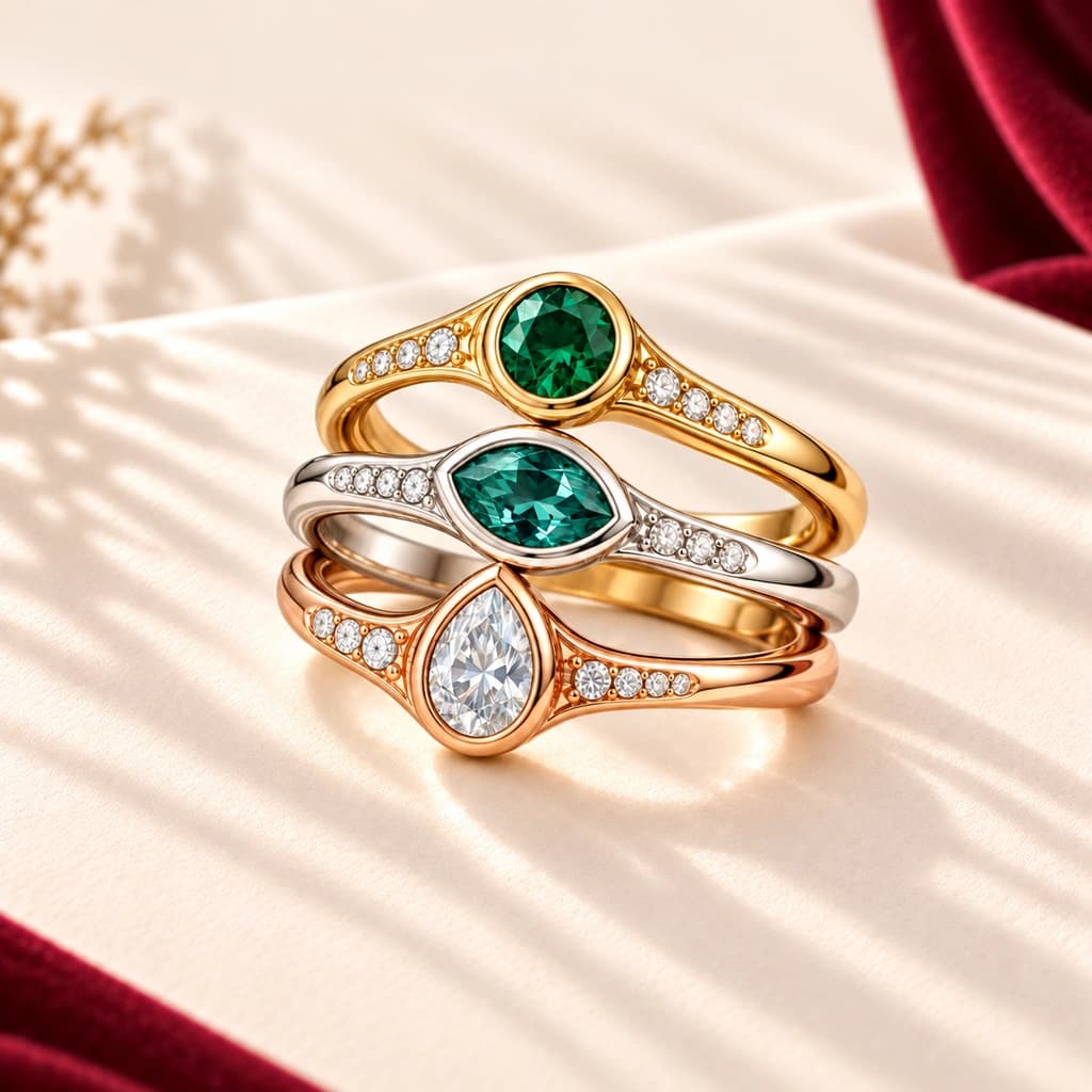 Three illustrative rings with green, teal, and clear visual stones in different shapes.