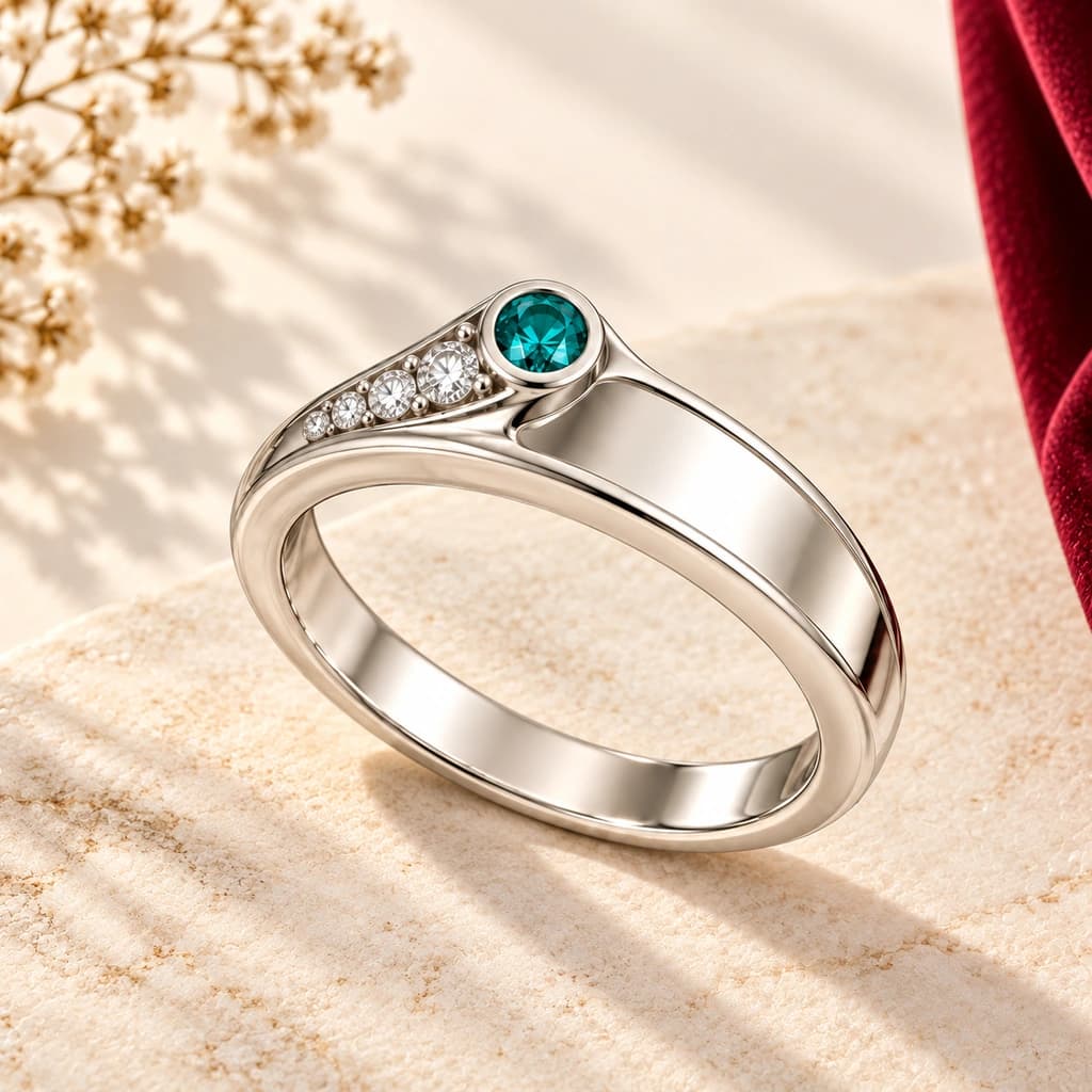 An illustrative ring with a teal visual center and small clear shoulder accents.
