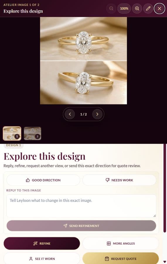 Leyloon Atelier design-preview screen showing one of two ring directions with refine, more angles, worn view, and request quote actions