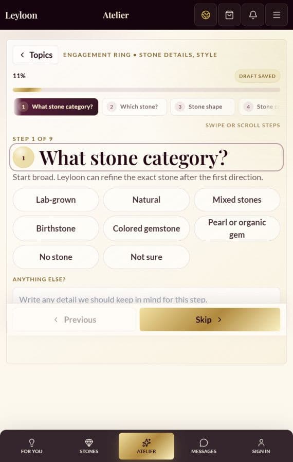 Leyloon Atelier engagement ring quiz screen showing Stone details and Style topics with the first stone question