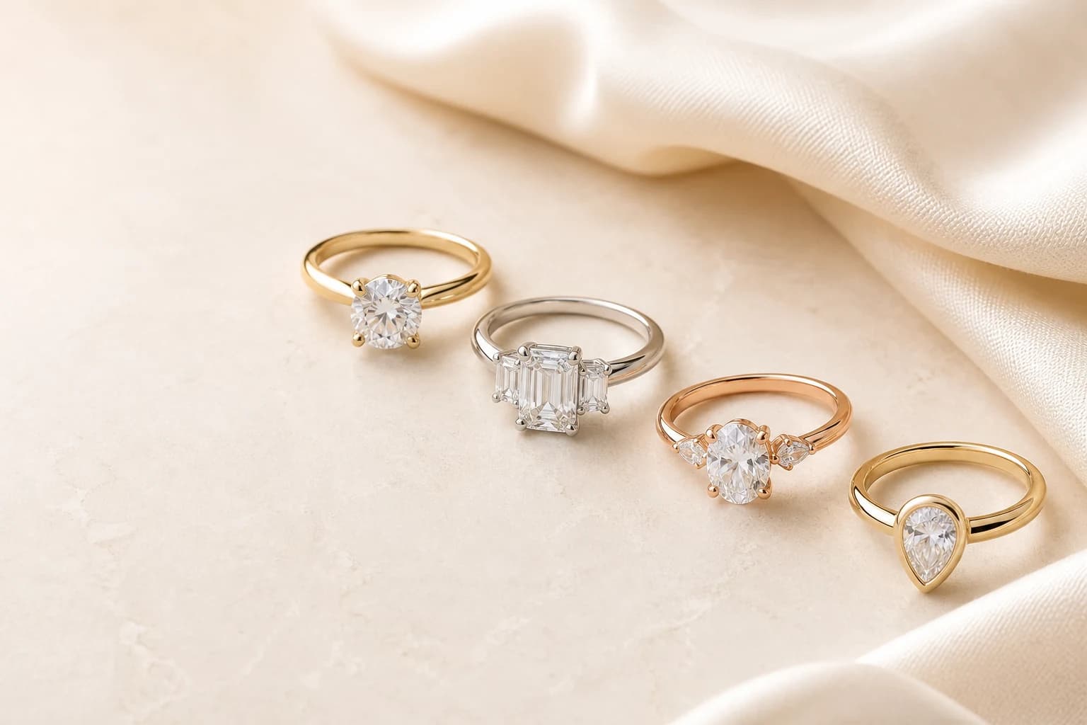 Four engagement-ring directions with distinct stone, setting, and metal combinations