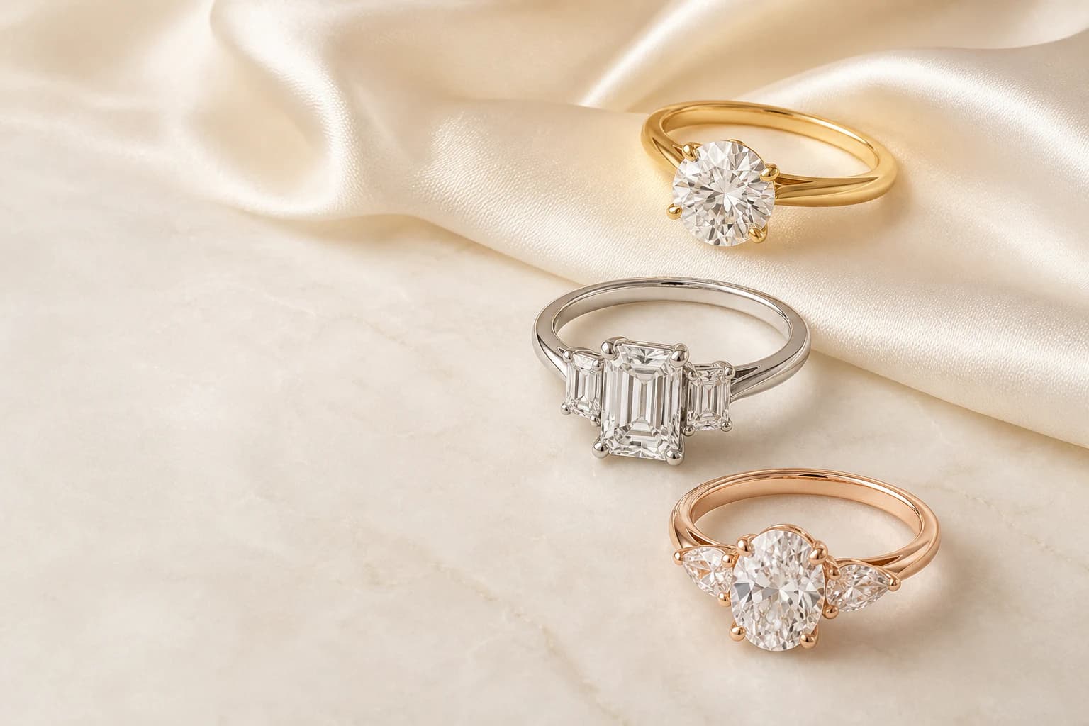 Three engagement ring directions: a yellow-tone round solitaire, white-tone emerald three-stone ring, and rose-tone oval side-stone ring