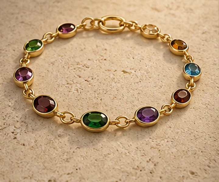 Illustrative multicolor gemstone bracelet. One example for bracelet; the exact style remains open.