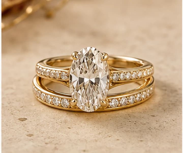 Illustrative coordinated oval engagement ring and wedding-band set