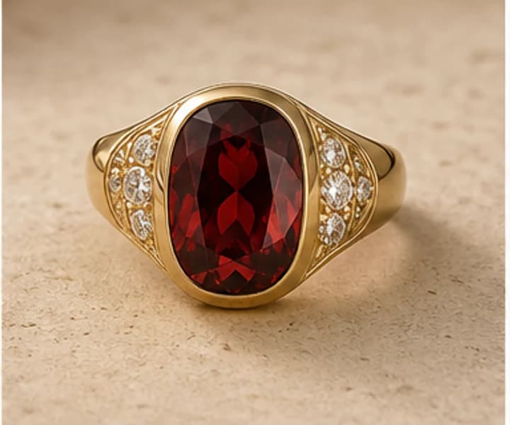 Illustrative statement cocktail ring with deep red gemstone