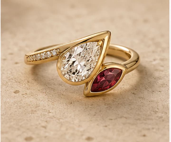 Illustrative asymmetric custom ring with white and red stones