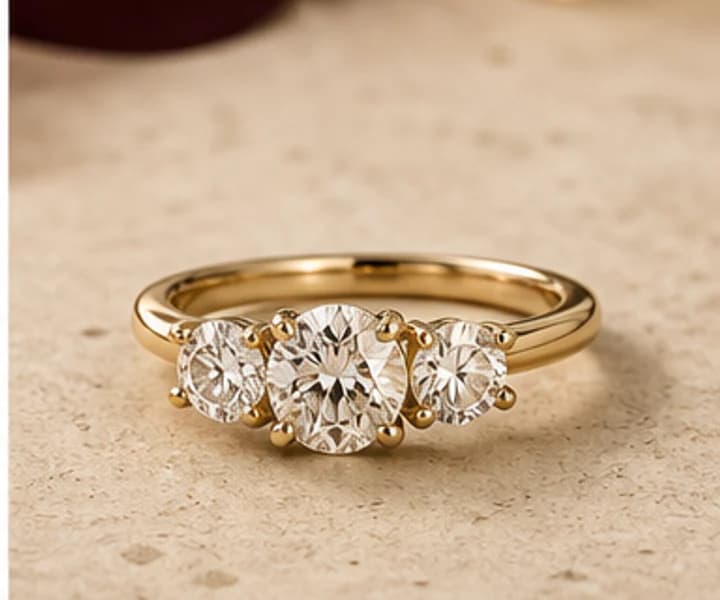 Illustrative balanced three-stone ring with oval center