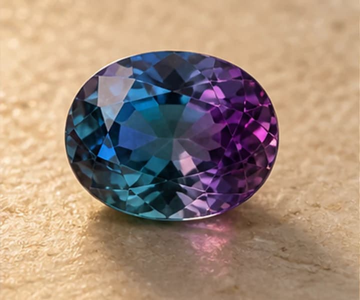 Illustrative alexandrite jewelry direction on warm ivory stone