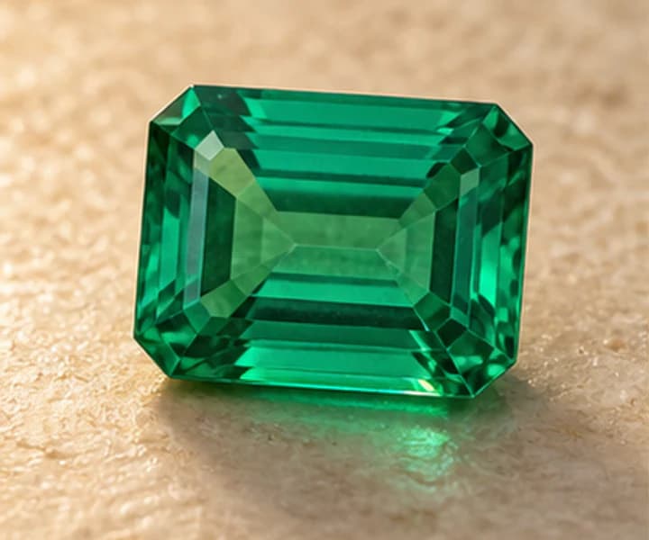 Illustrative emerald jewelry direction on warm ivory stone