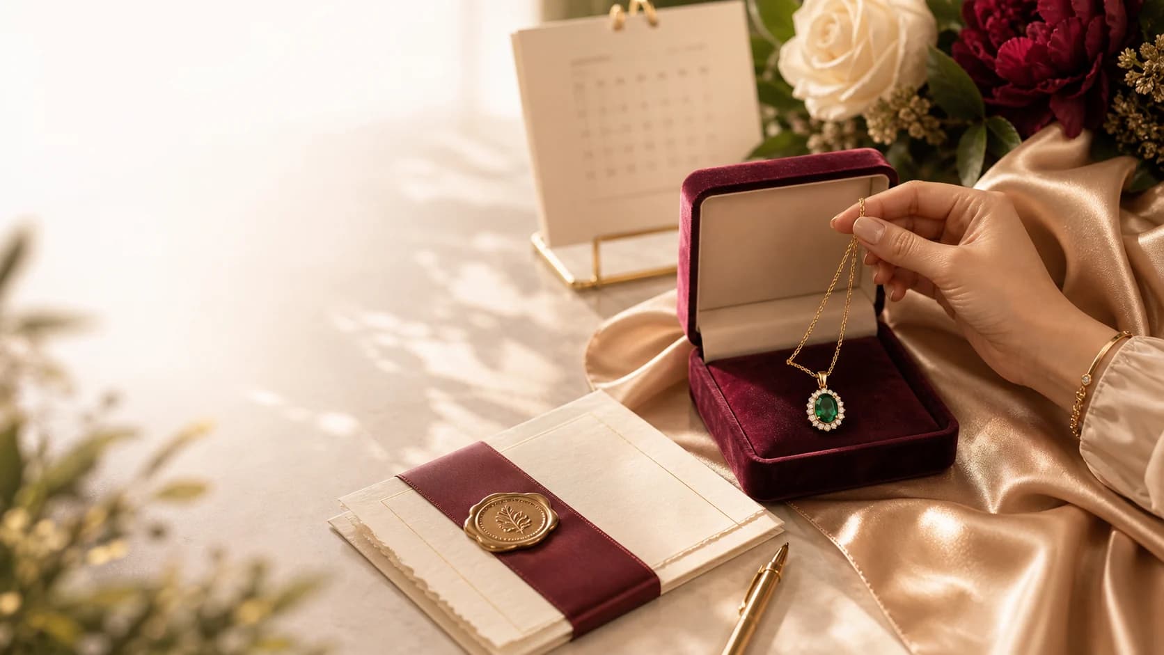 A softly lit fine-jewelry piece with a warm, romantic colored-stone direction.