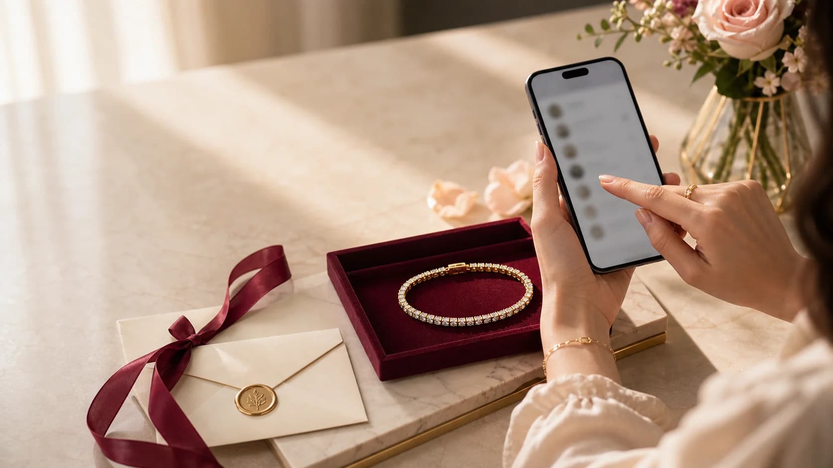A bracelet gift beside a private invitation and shared preference flow