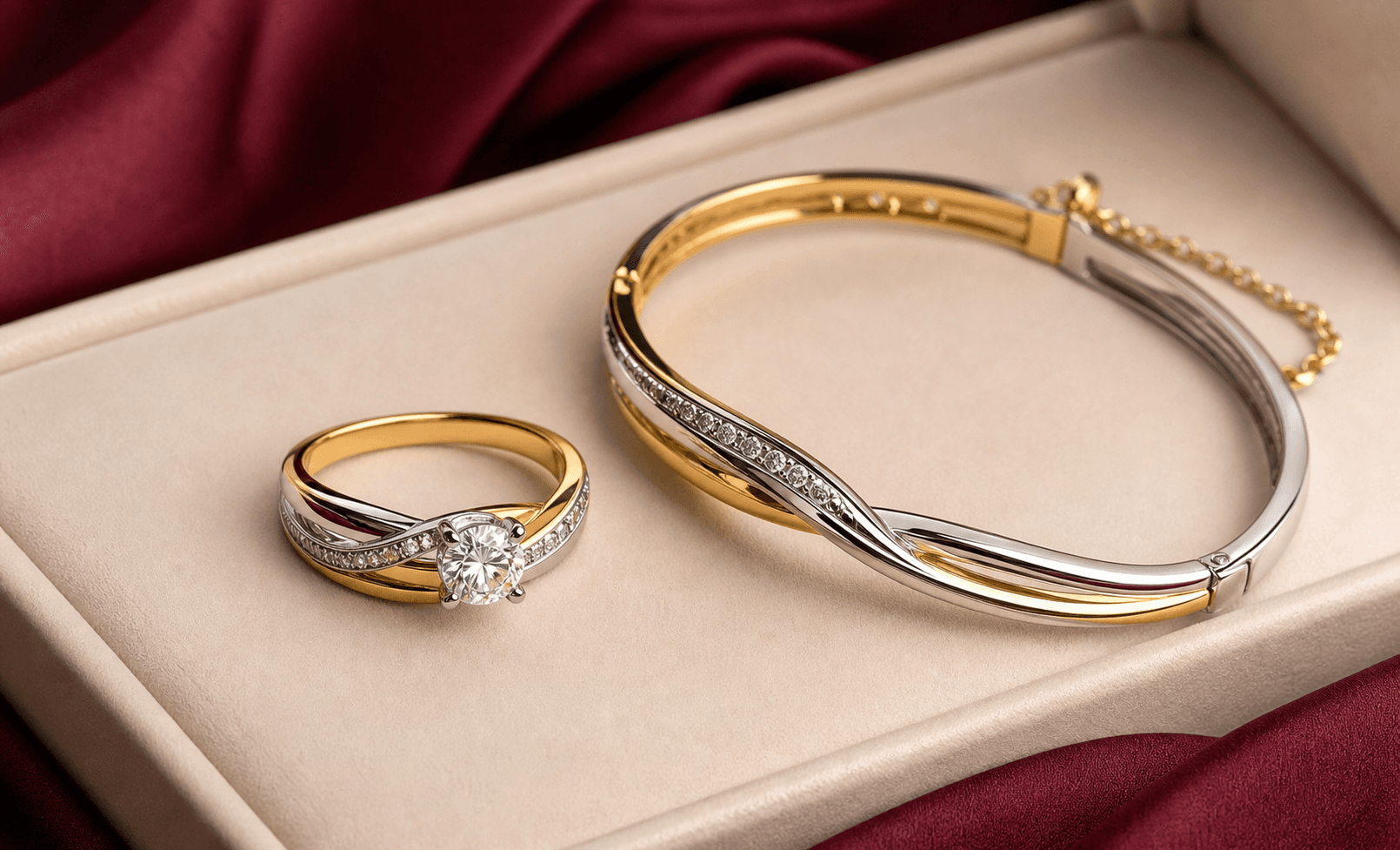 Matched jewelry directions in yellow, white, rose, and platinum-colored metals
