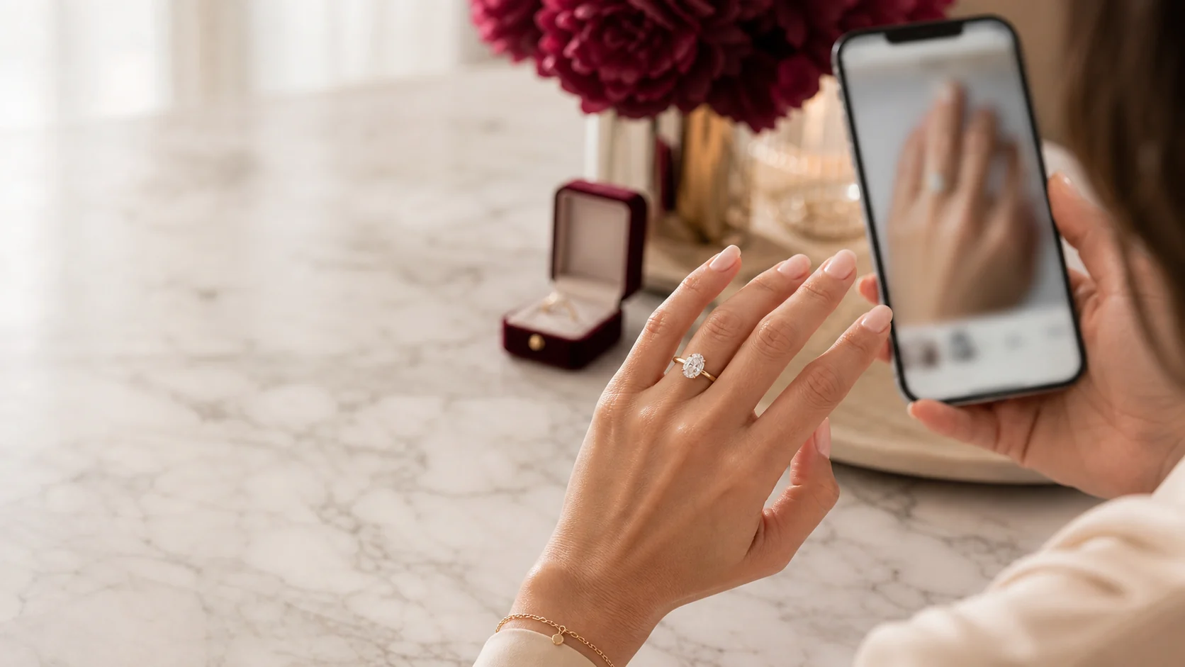 Illustrative Leyloon try-on visualization of a saved ring design