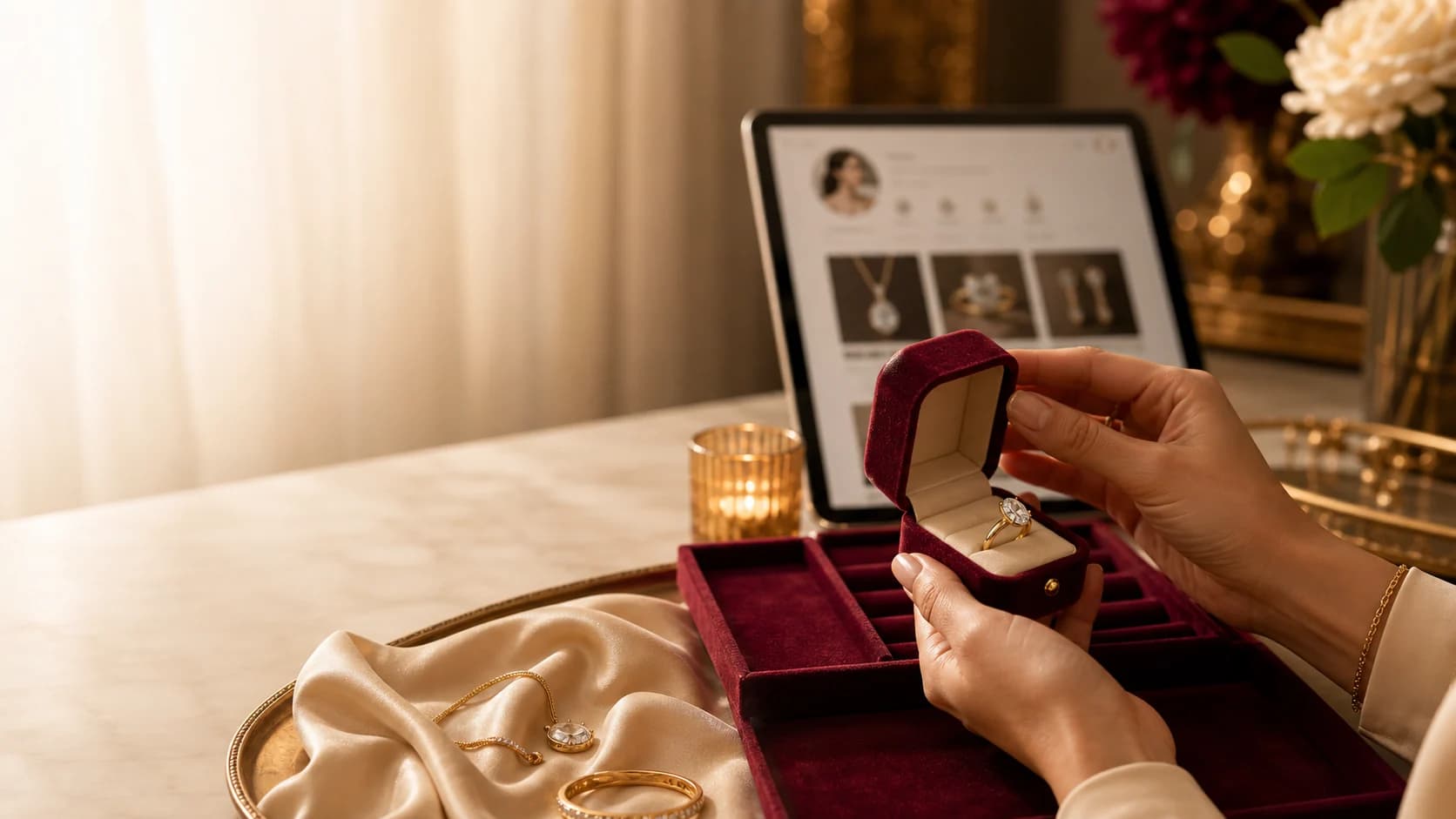 A private engagement-ring plan with sizing notes and a ring box