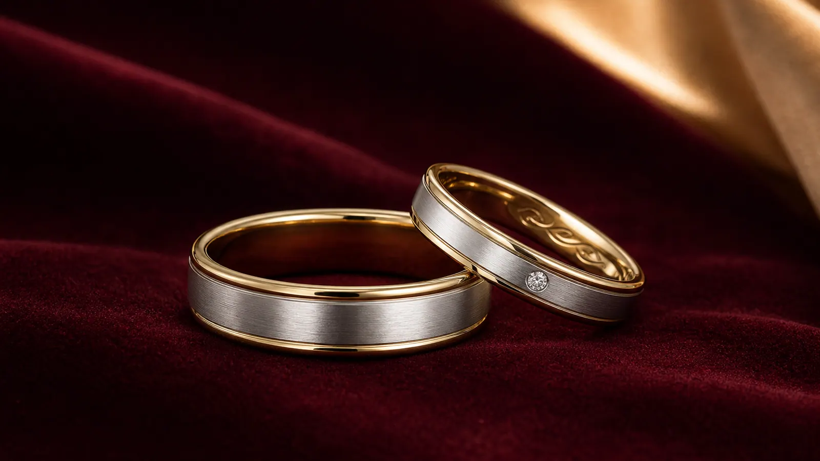 Two coordinated wedding bands with contrasting metal and surface directions
