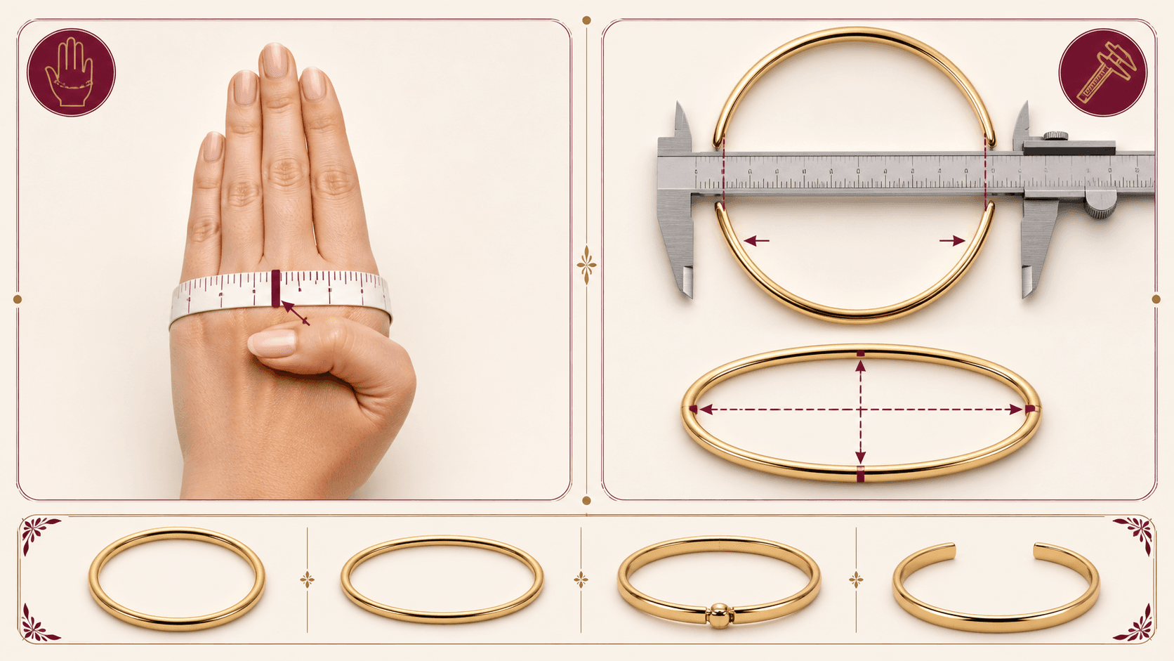 Illustrative two-panel bangle measurement guide showing a bare five-finger hand path and the empty inner dimensions of closed bangles