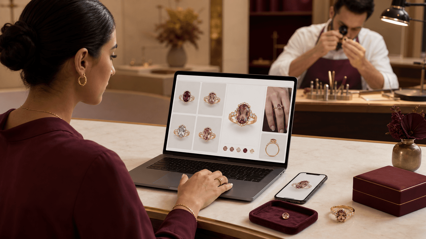 A person comparing self-directed Atelier ring designs while a craftsperson reviews jewelry in the background
