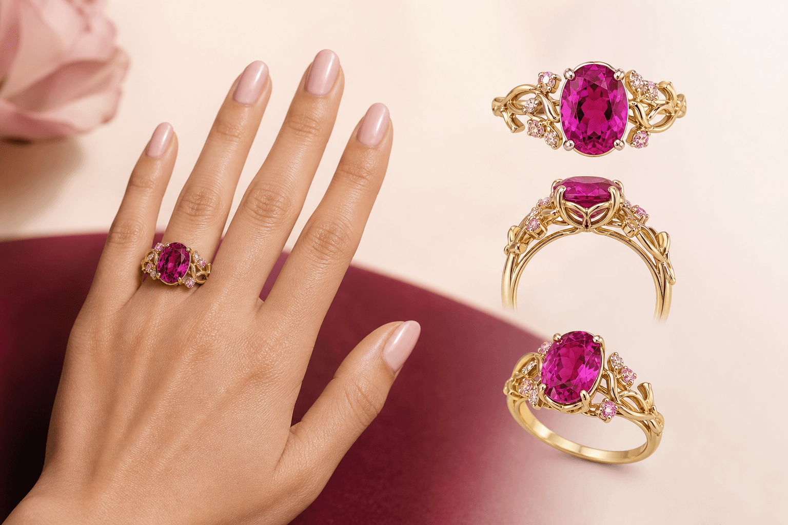 Illustrative engagement-ring preview shown on a hand and from several product angles