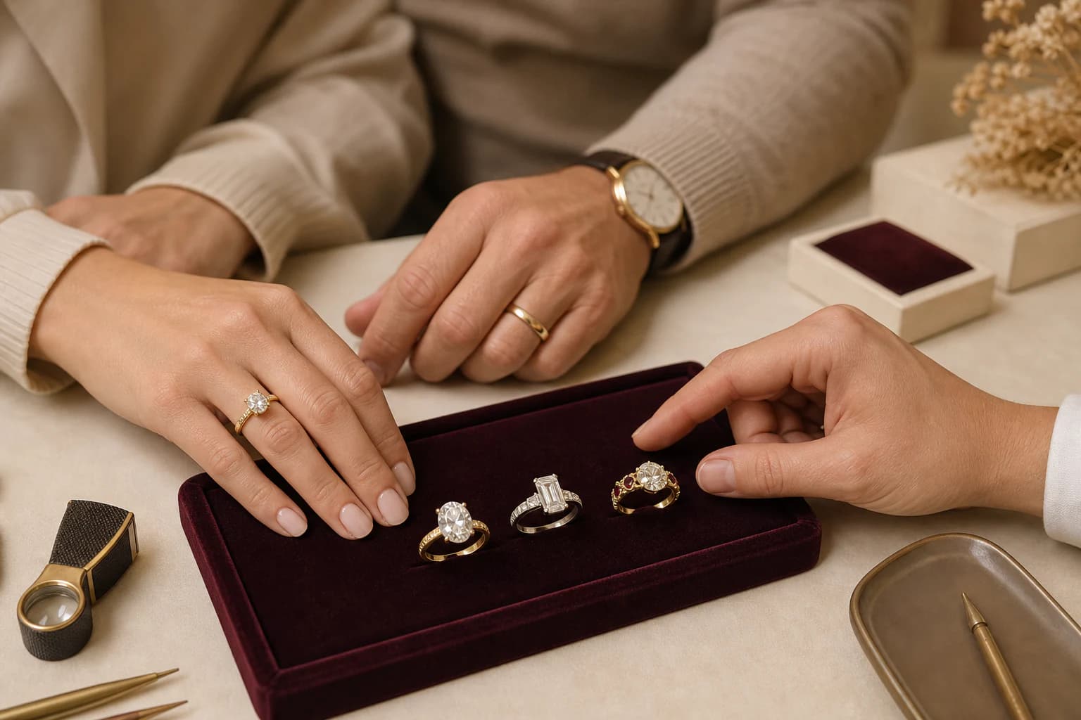 Illustrative customers comparing three distinct engagement-ring directions with a jewelry guide