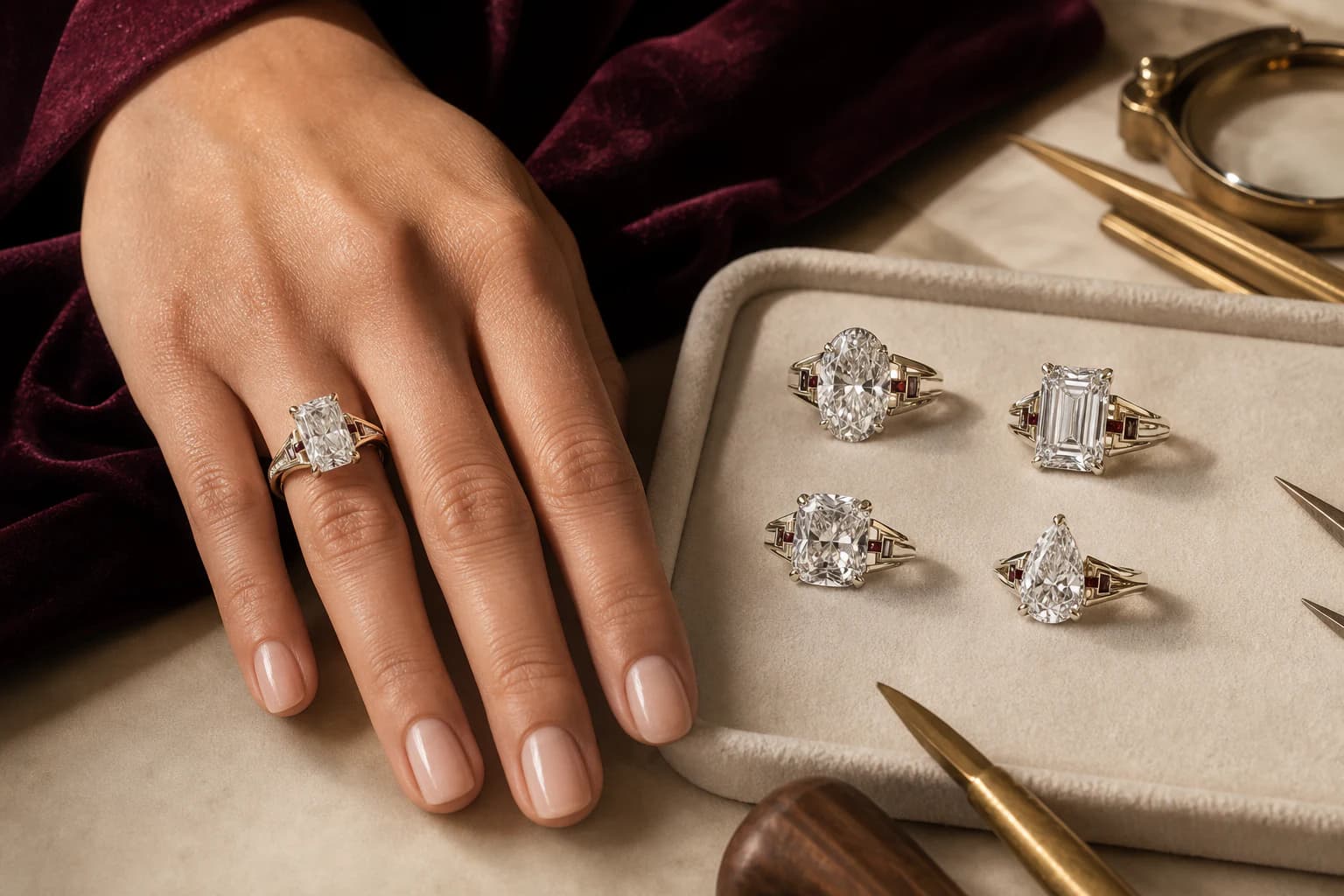 Illustrative high-presence engagement-ring directions with oval, emerald-shaped, cushion, and pear center outlines