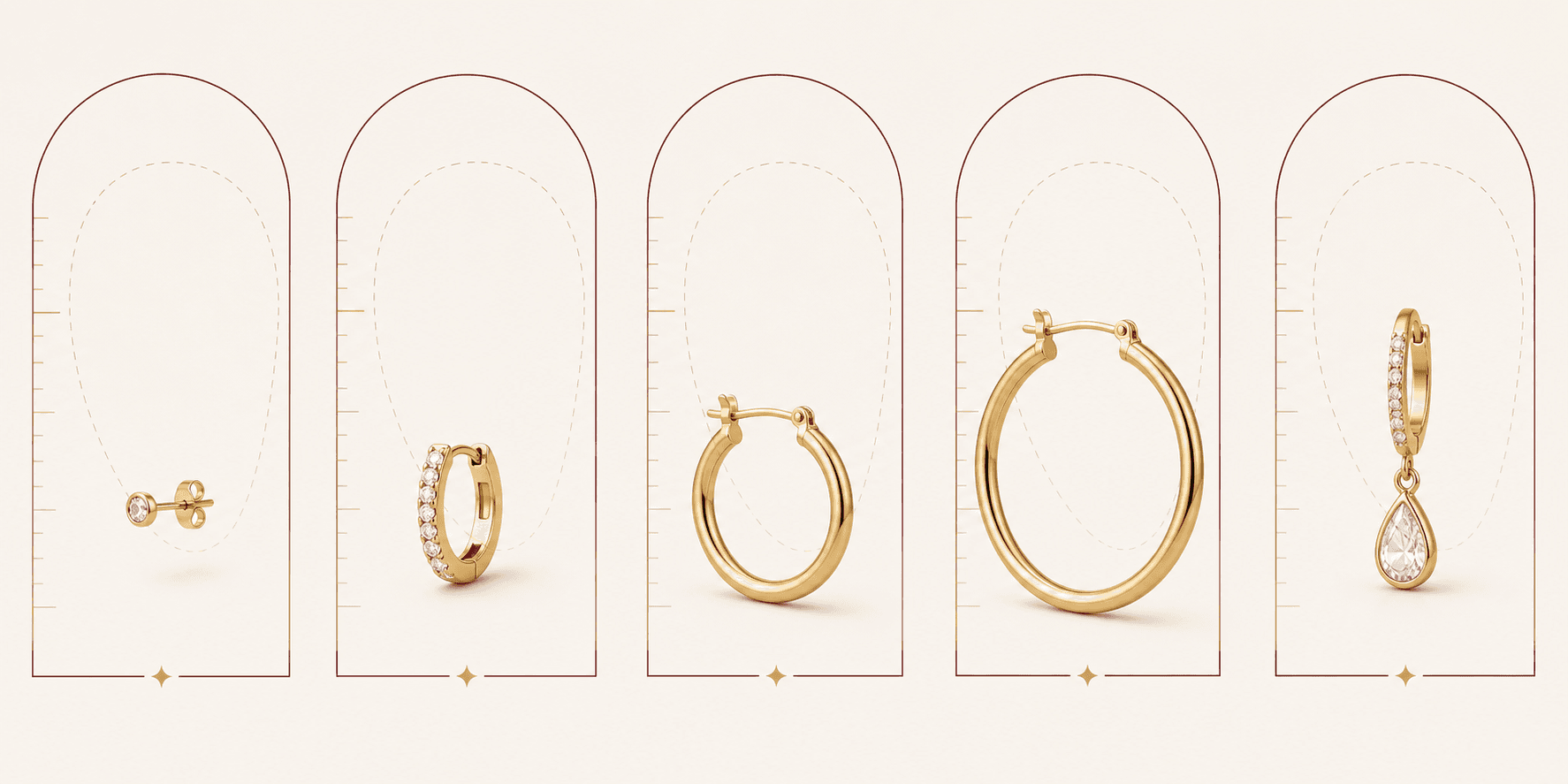 Illustrative comparison of studs, huggie hoops, medium and larger hoops, and a drop earring