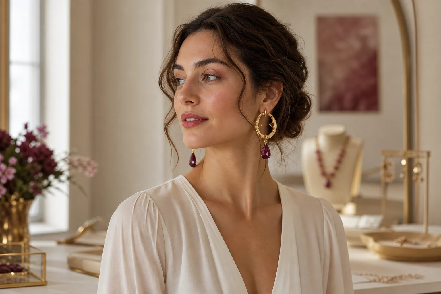 Illustrative adult model wearing a significant custom hoop-and-drop earring direction
