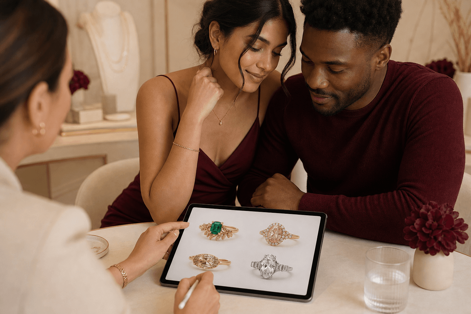 Illustrative couple considering engagement-ring directions together in a warm atelier setting