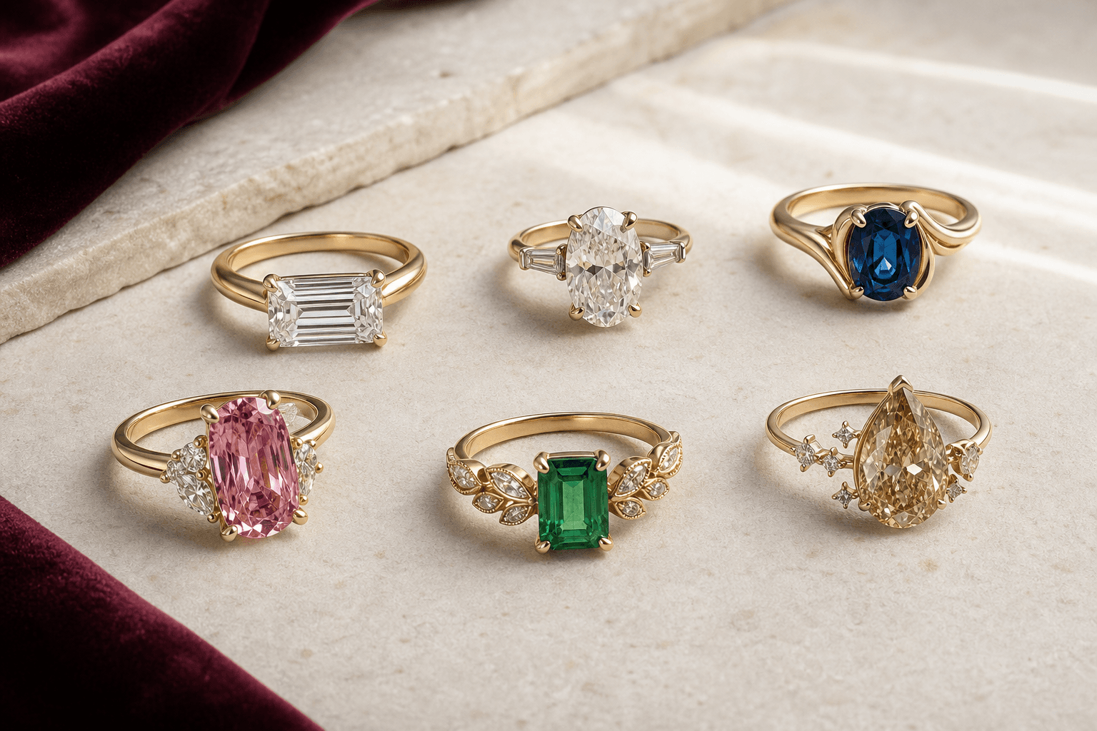 Illustrative collection of six distinct loose engagement-ring directions arranged on an ivory and burgundy display
