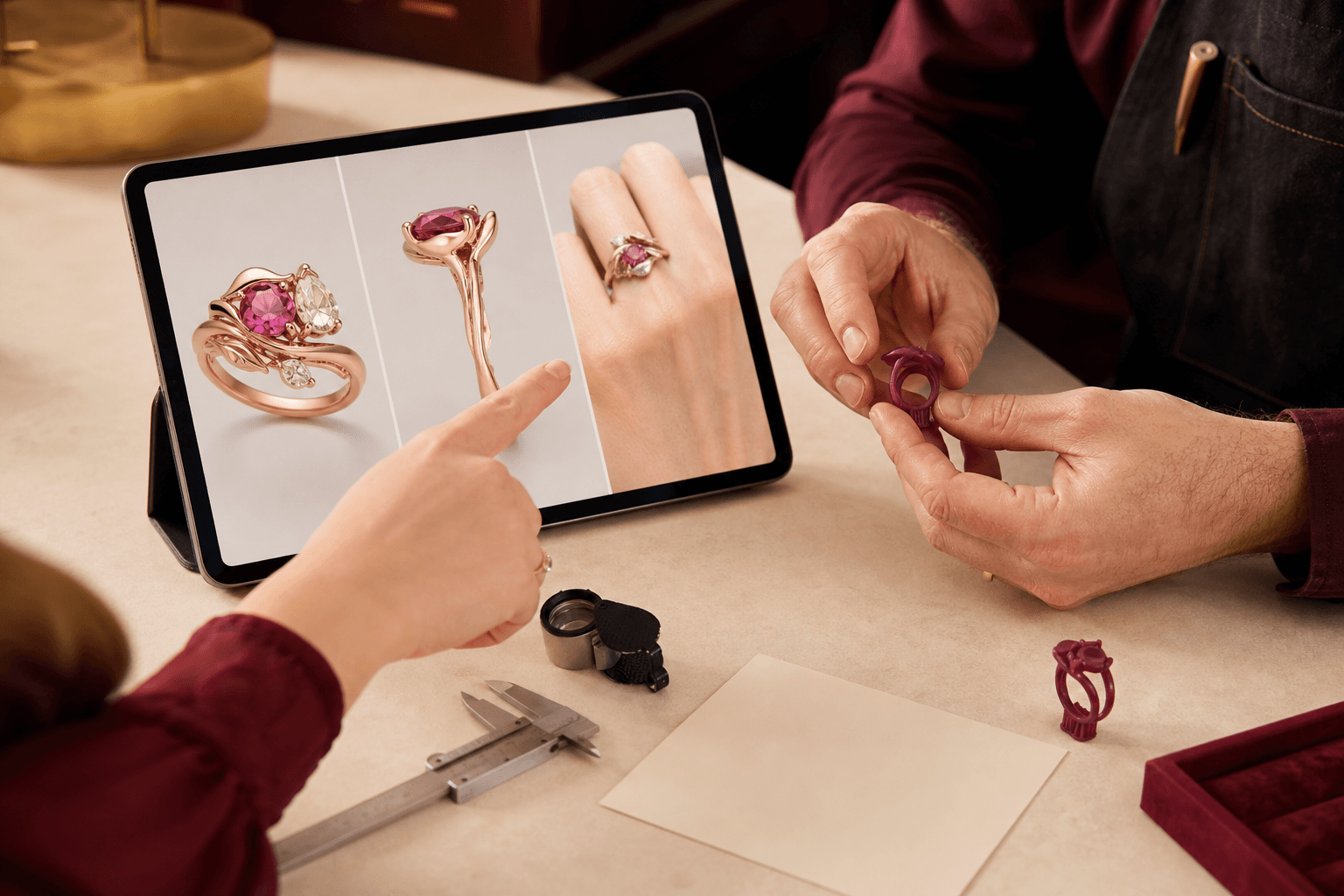 Illustrative jewelry expert reviewing an engagement-ring direction with design notes and stone information