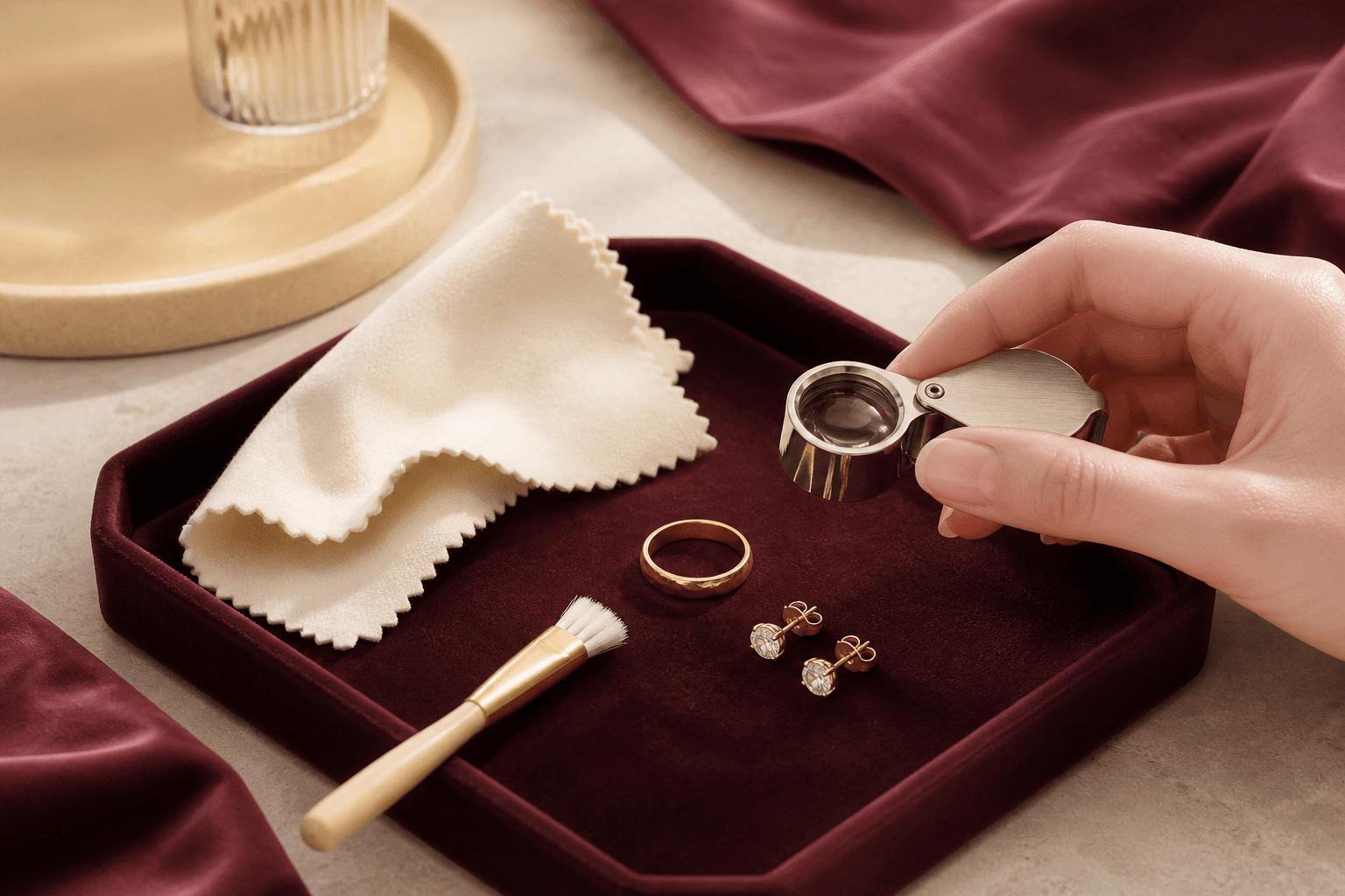 Illustrative jewelry-care tray with a soft polishing cloth, gentle brush, loupe, gold ring, and stud earrings