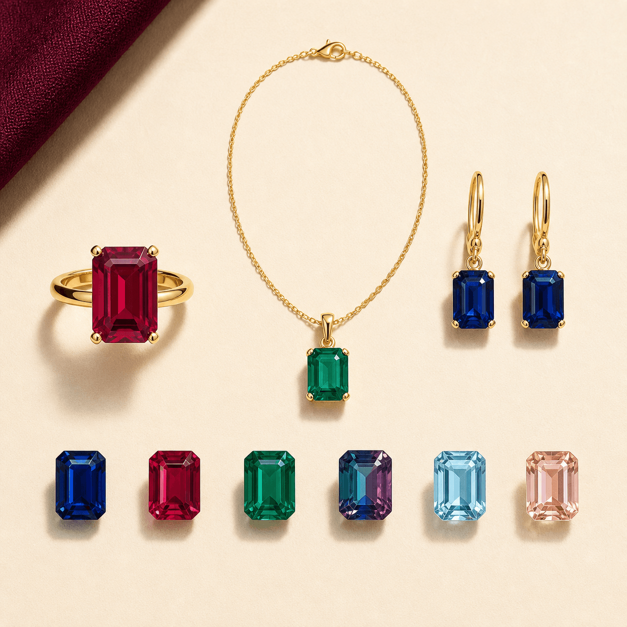 Illustrative laboratory-grown sapphire, ruby, emerald, alexandrite, aquamarine, and morganite directions with finished jewelry examples