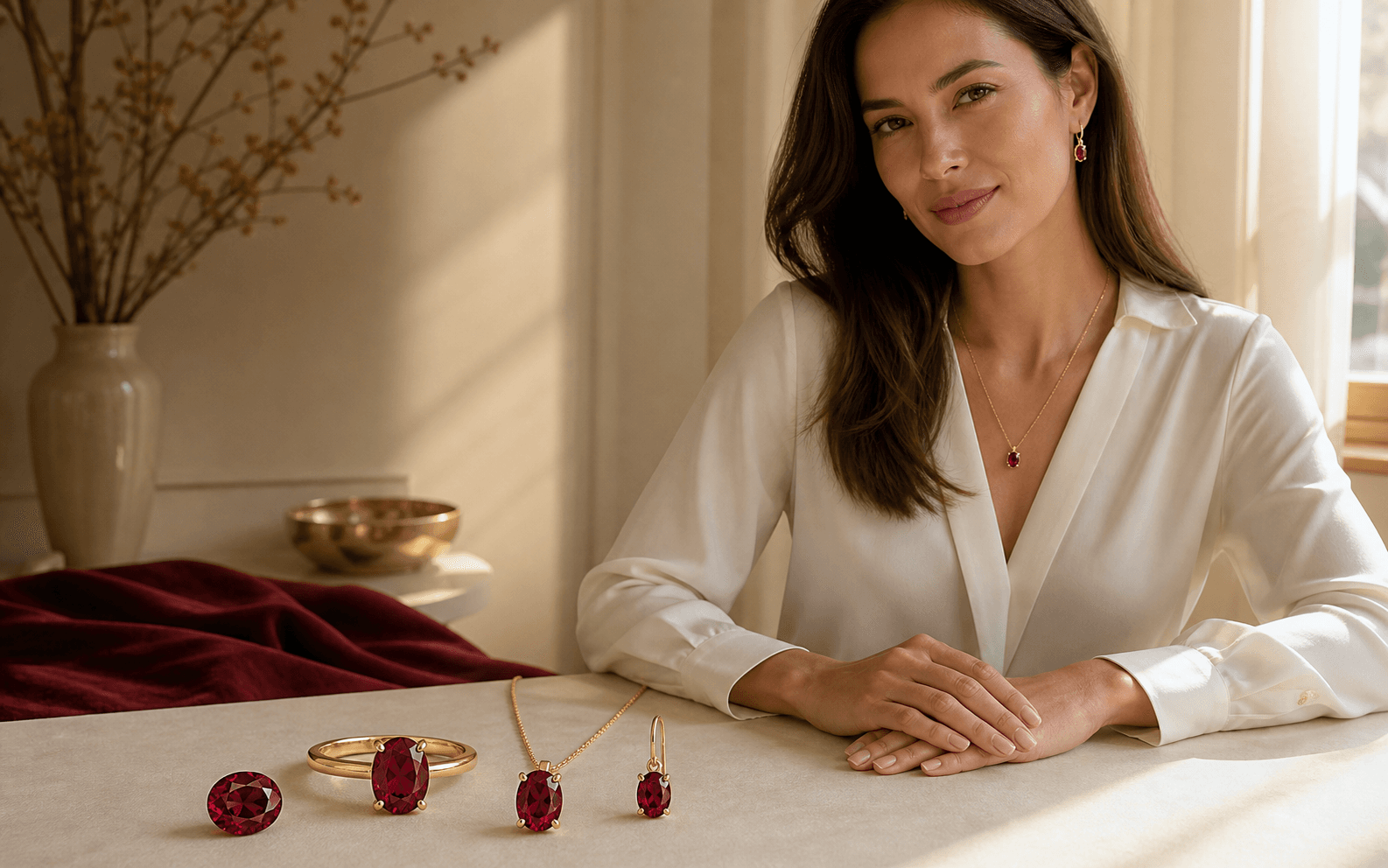 Illustrative laboratory-grown ruby shown as a loose stone, ring, pendant, earrings, and worn jewelry