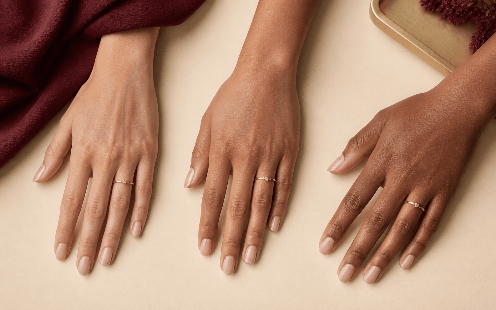 Illustrative ring-wear context across three anatomically complete hands