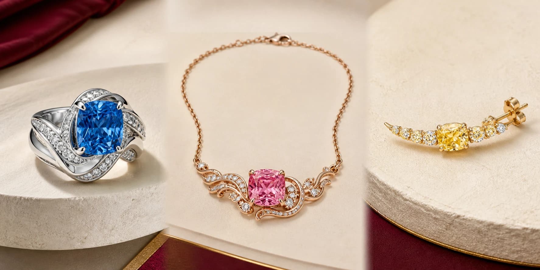 Illustrative blue, pink, and yellow laboratory-grown diamond jewelry directions in a ring, necklace, and ear climber