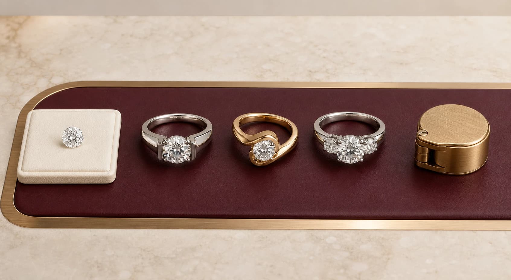 Illustrative loose laboratory-grown diamond beside three distinct custom ring directions and a closed round brass case