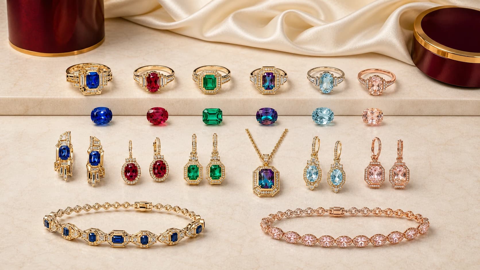 Illustrative laboratory-grown sapphire, ruby, emerald, alexandrite, aquamarine, and morganite directions shown as loose stones and significant jewelry