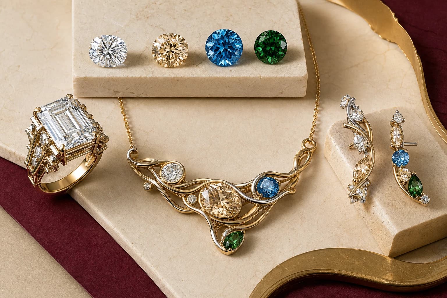 Illustrative colorless, champagne, blue, and green moissanite directions beside a sculptural ring, necklace, and earrings
