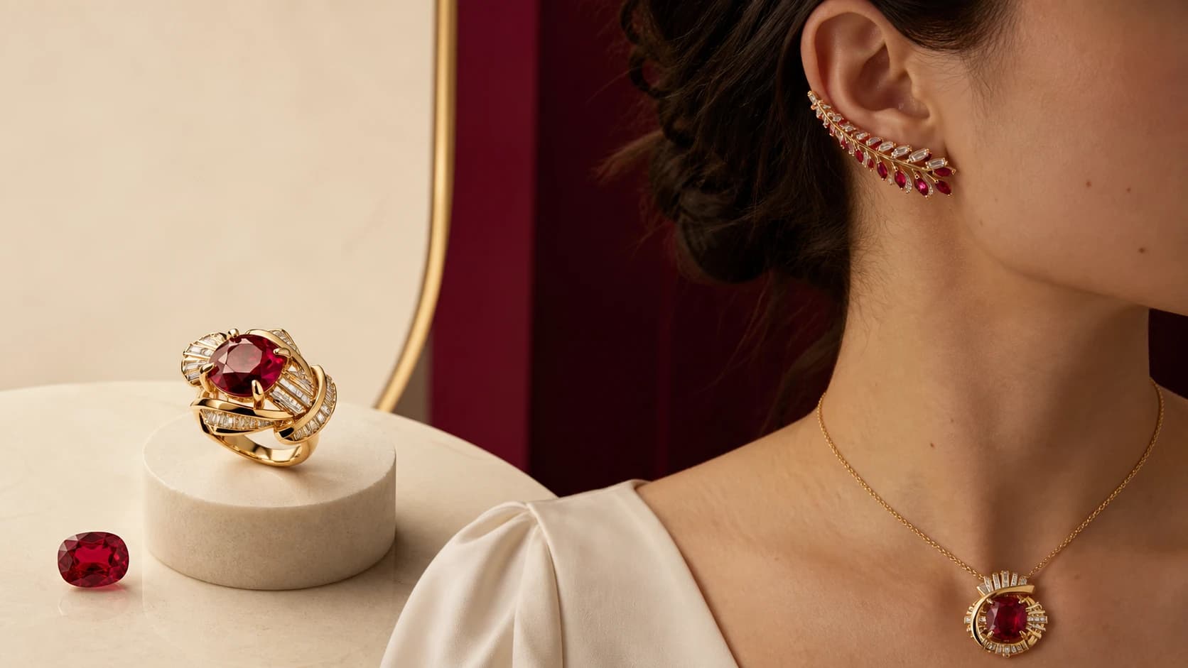 Illustrative laboratory-grown ruby shown as a loose stone, sculptural ring, pendant, and ear climber
