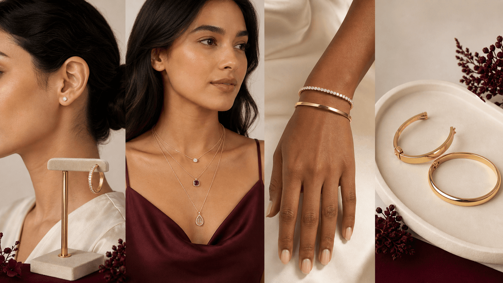 Jewelry shown at several wearable scales with a model for placement context