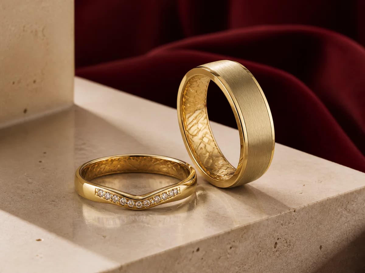 A slim stone-set contour band and a wider brushed band coordinated through shared yellow-gold details.