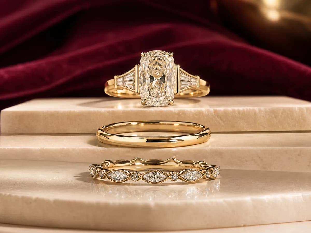 An engagement ring, polished spacer, and stone-set band arranged as separate wedding-stack directions.