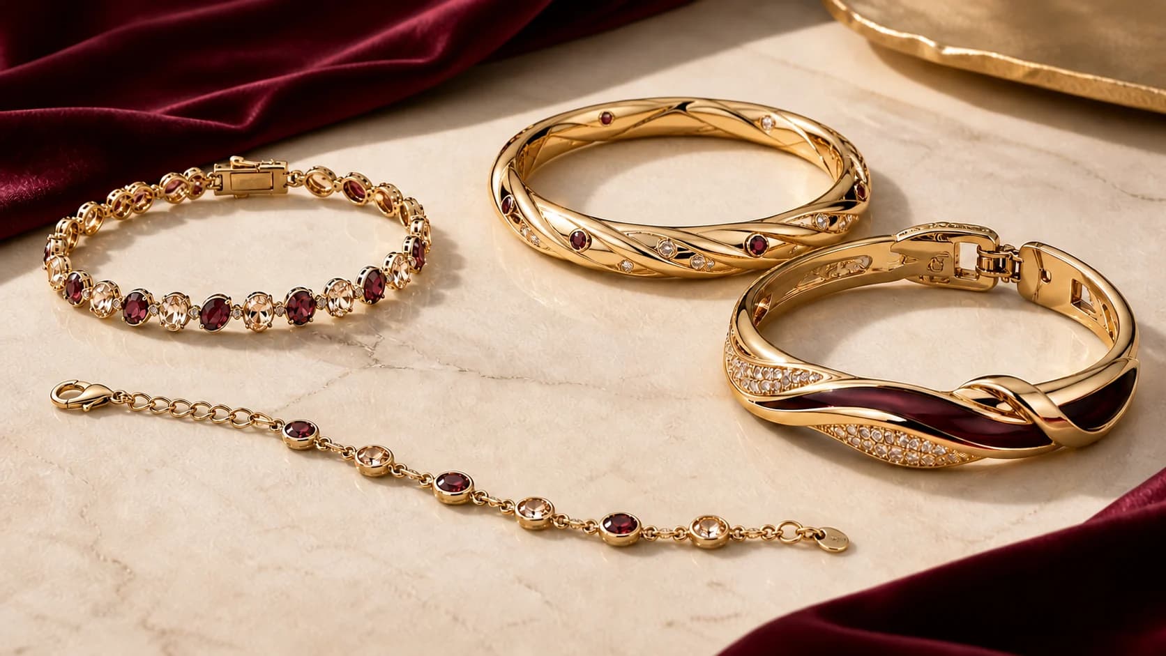 Illustrative flexible bracelet, rigid bangles, and anklet shown as distinct post-measurement design directions