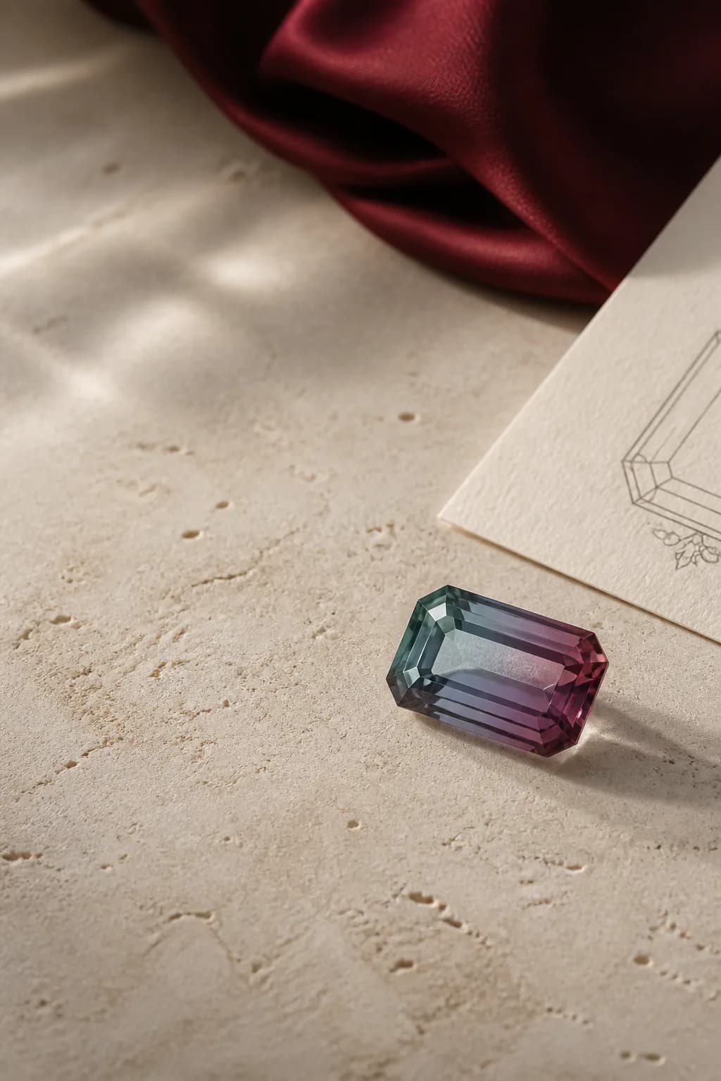 Color-shifting loose gemstone design direction beside a jewelry sketch.