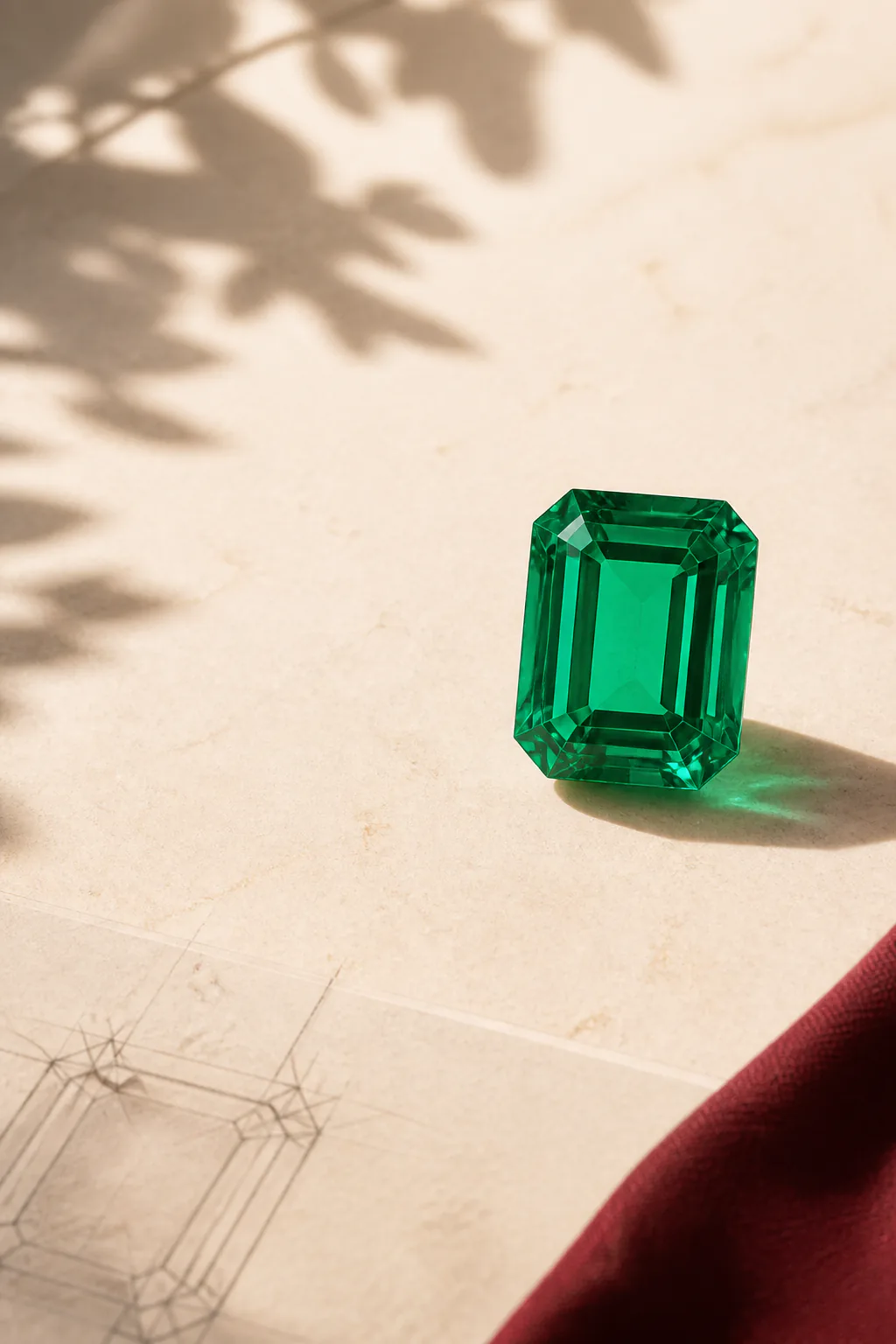 Bright green loose gemstone design direction beside a jewelry sketch.
